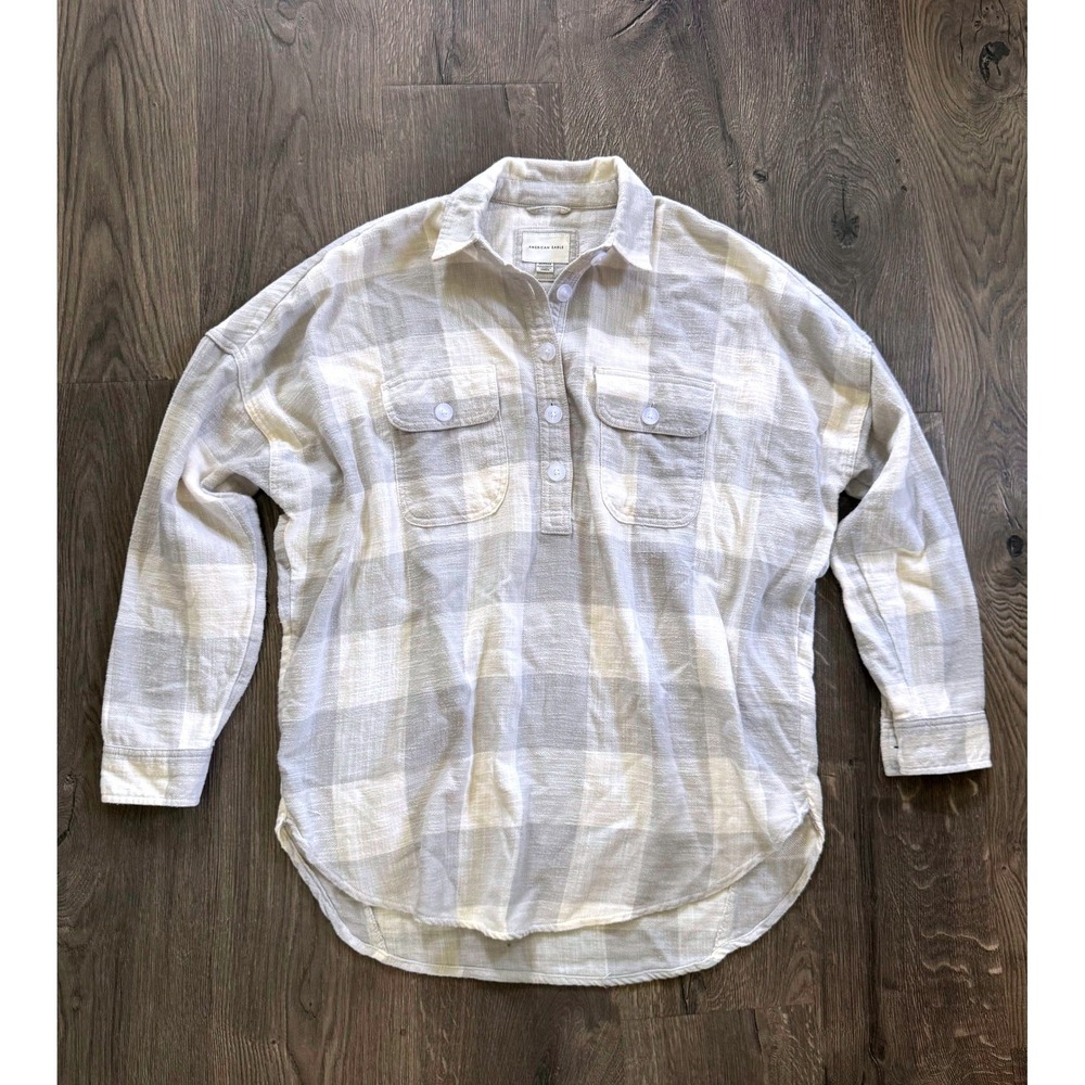 American Eagle Plaid Shirt Dress XS Grey Cream Cotton Flannel Pockets Oversized